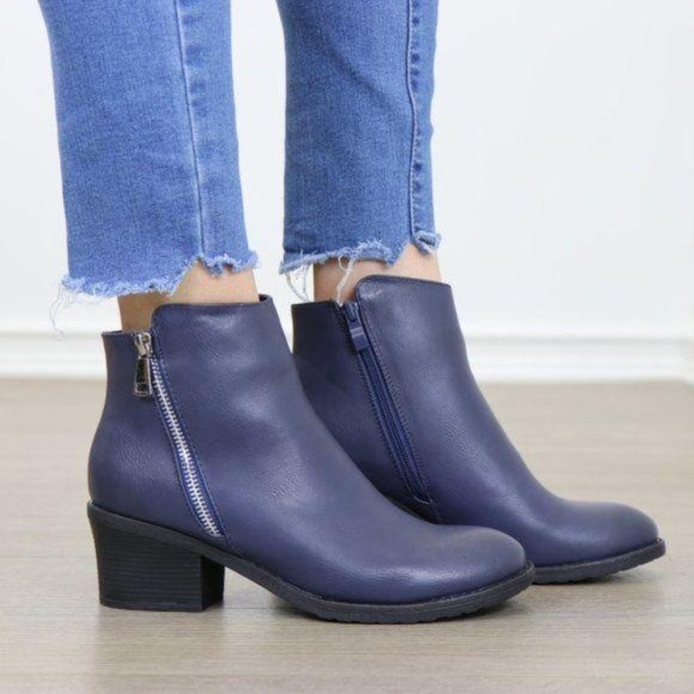 Navy Faux Leather Ankle Boots W/ Silver Zipper - Picture 8 of 8